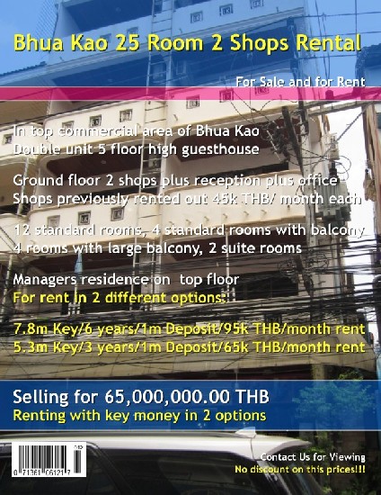 For Sale and Rent Pattaya Bhua Kao 23 Room 2 Shops Rental  In Top Commercial Area