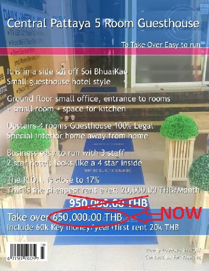 Take Over in Central Pattaya 5 Rooms Guesthouse near Bhua Kao