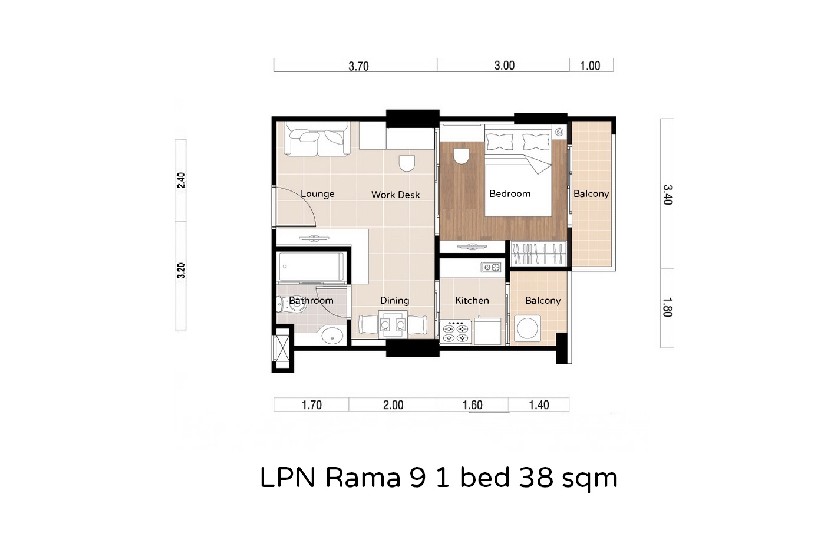 For Rent Lumpini Place Rama 9 1BR 2 balconies Separate Kitchen Newly decorated fully  Newl