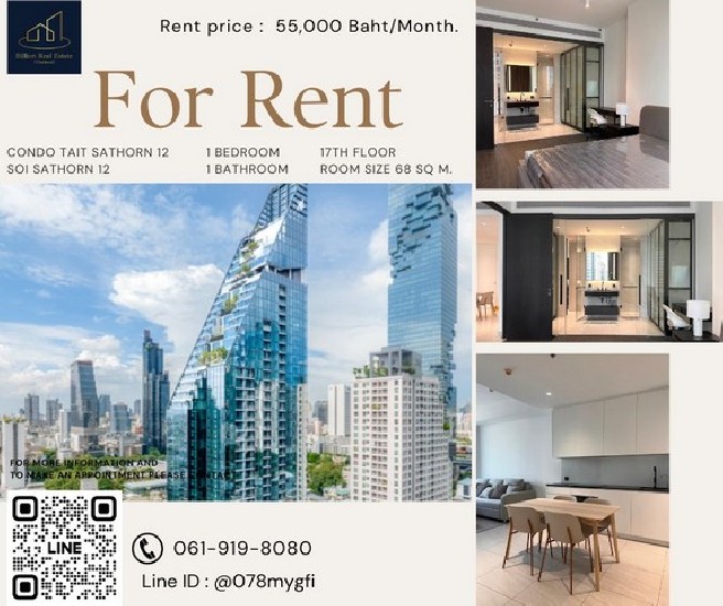 Condo For Rent "Tait Sathorn 12"  -- 1 Bed 68 Sq.m.1 bedroom, 1 bathroom -- 55,000 baht -- Beau
