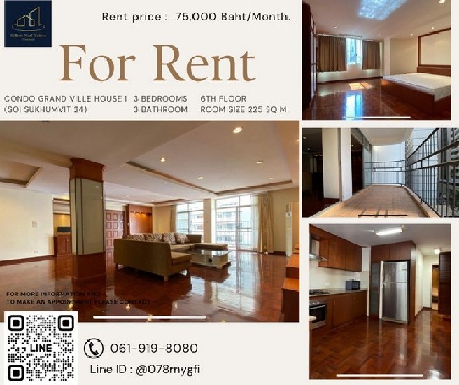 Condo For Rent "Grand ville House 1" -- 3 Bed 225 Sq.m. -- 75,000 baht -- Best Price and beauti